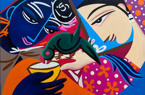 Abedheera 'Parakeet' acrylic on canvas 60x90cm