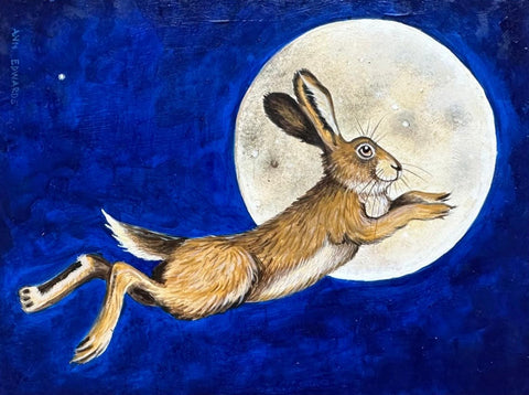 Ann Edwards 'A Hare, the Moon and Venus' acrylic on board 12x20cm