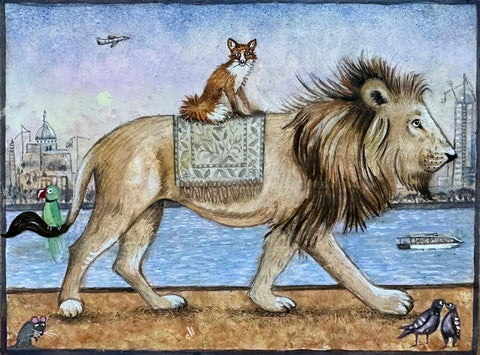 Ann Edwards 'Lion' egg tempera on board 12x20cm
