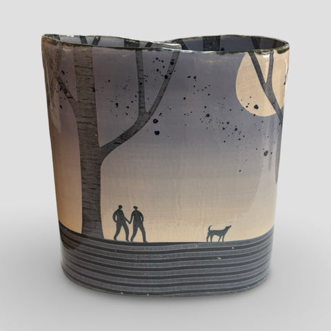 Cat Santos 'Dog Walkers Vessel' (mauve) ceramic H23xW20xD12cm