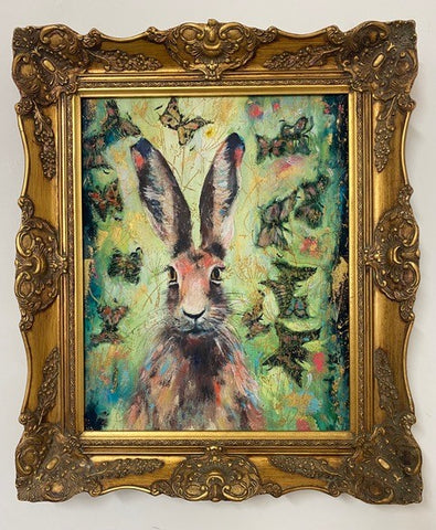 Charlotte Gerrard 'Little hare in the butterflies' acrylic and mixed media on canvas 51x41cm