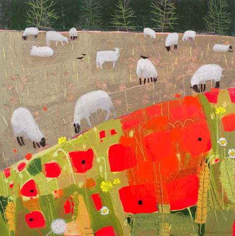 Emma Dunbar 'Sheep Enjoying Turnips Above a Poppy Field II' acrylic on board 61x61cm
