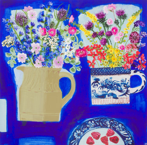 Emma Dunbar 'Two Bunches and Raspberries on Blue' acrylic on board 46x46cm