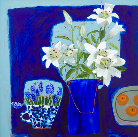 Emma Dunbar 'White Lilies, Grape Hyacinths and Clementines' acrylic on canvas 61x61cm