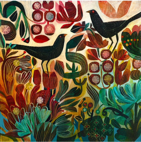 Esté MacLeod 'Two Blackbirds' acrylic on canvas 50x50cm