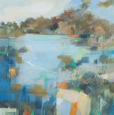 Fiona Millais 'Follow the Moorhen' acrylic on cradled panel 61x61cm