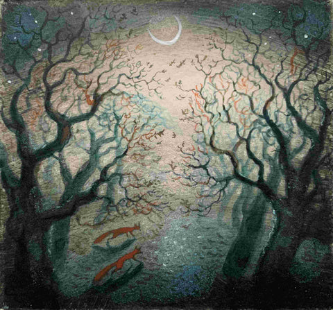 Flora McLachlan 'Whispering Leaves' watercolour, ink, pastel 9x10cm