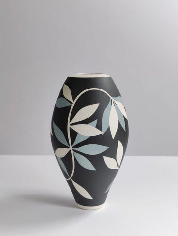 Georgie Gardiner 'Black, blue-grey and white leaf vase' ceramic H26.5cm x W14cm