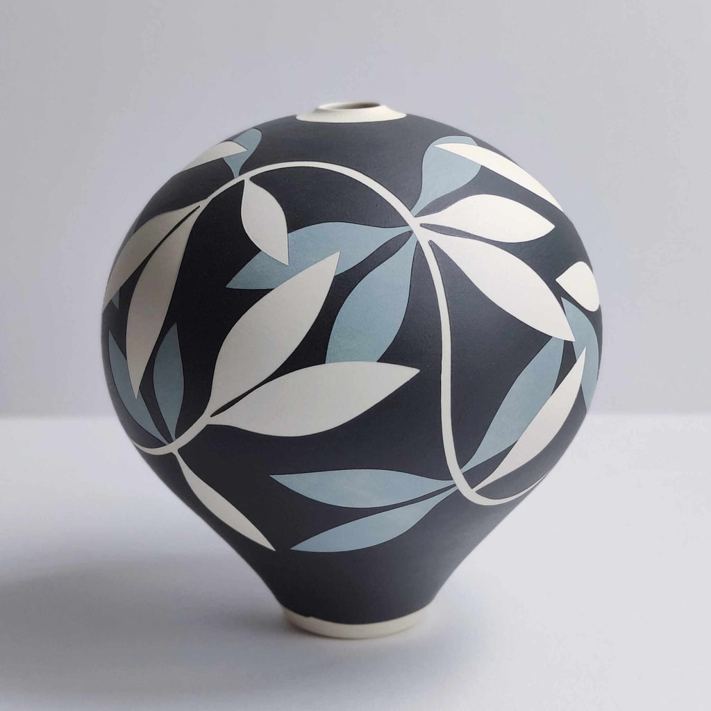 Georgie Gardiner 'Black, blue-grey and white leaf vessel' ceramic H18cm x W16.5cm