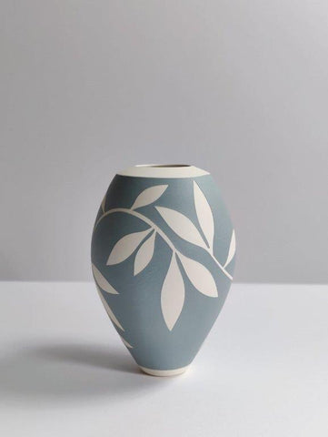 Georgie Gardiner 'Blue, grey and white leaf vase' ceramic H19cm x W12cm