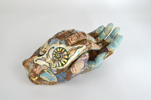 Helen Nottage 'Dragonfly and Snail Print Hands' ceramic 8x16x16cm