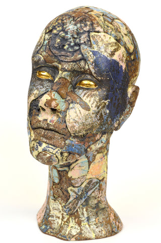 Helen Nottage 'Persephone Head', stoneware with terracotta, slips, oxides, glaze and gold lustre 31x16x21cm.