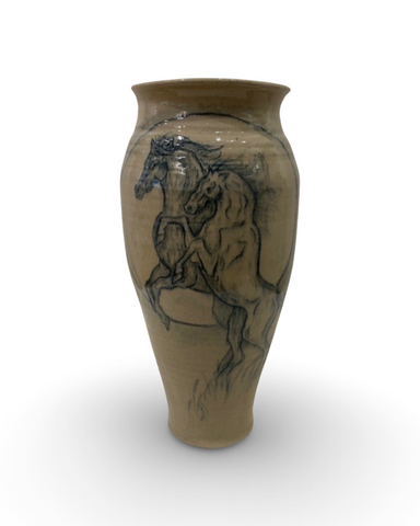 Charlie Clarke 'Large Vase with Horses' ceramic H44 x W23 x D17cms