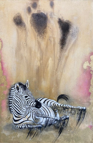 Jan Coutts 'Zebra rolling in the dusk' 92x60cm oil and gold leaf on canvas