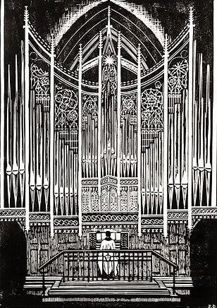 Jenny Dingwall 'Merton Chapel Organ, Oxford' linocut 21x29cm (unframed)