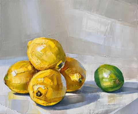 Jonathan Pocock 'Lemons and a Lime' oil on linen 25x30cm