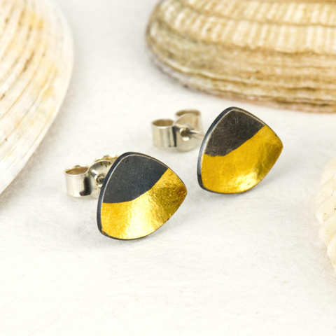 Sandra Elizabeth 'Clam Stud Earrings' oxidised silver with gold bar