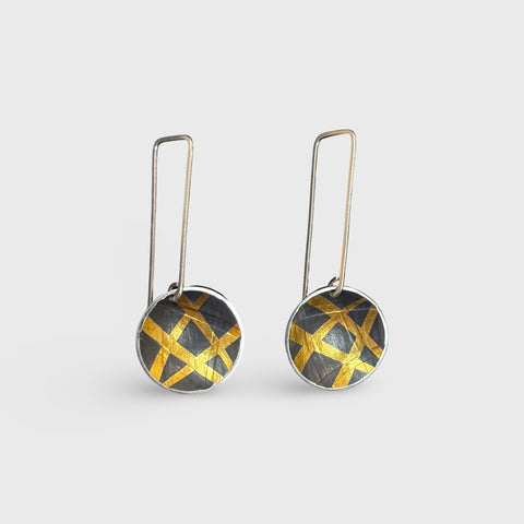Sandra Elizabeth 'Round Ice Ray Drop Earrings' oxidised silver with gold rays