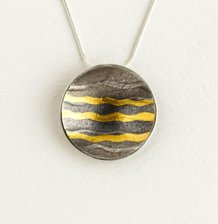 Sandra Elizabeth 'Round Wave Pendant' oxidised silver with gold waves