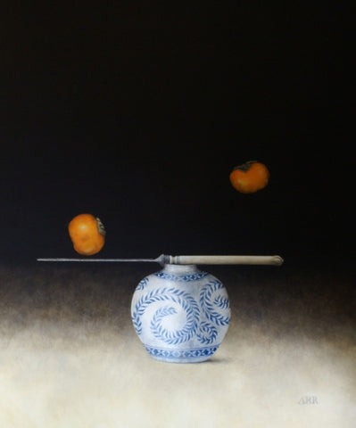 Alison Rankin 'Blue Leaf Jar with Knife and Persimmon' acrylic on paper 75x60cms