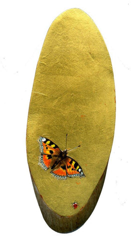 Ann Edwards 'Tortoiseshell Butterfly' British Natural History icon, 22ct gold leaf and acrylic on Eucalyptus wood 13x28cms