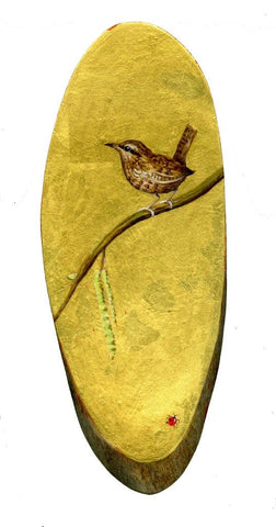 Ann Edwards 'Wren' British Natural History icon, 22ct gold leaf and acrylic on Eucalyptus wood 13x28cms
