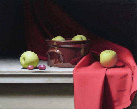 Anthony Ellis 'Still Life with Apples and Red Drapery' oil on canvas 40x50cm