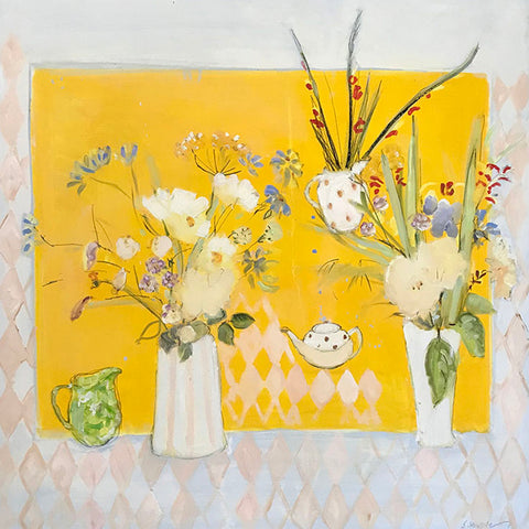 Belynda Sharples 'Still Life with Yellow Background' oil on board 60x60cm