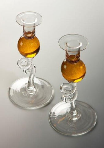 Bob Crooks 'Colourball Candlesticks' (amber) glass H30cm