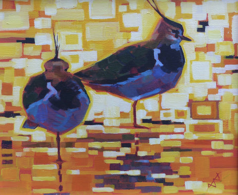 Brin Edwards 'Yellow Light Lapwings' oil on canvas 25.5x31cm