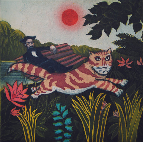 Mychael Barratt 'Rousseau's Cat I' etching 22x22cm (unframed)