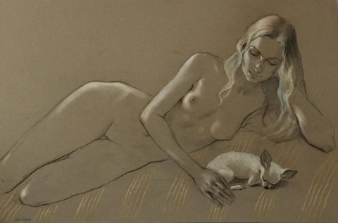 Katya Gridneva 'Girl with a Little Chihuahua' charcoal and pastel on board 61x91cms