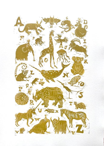 Ann Edwards 'Animal Alphabet A-Z - Mustard Yellow' linocut ed of 75 60x43cm unframed
