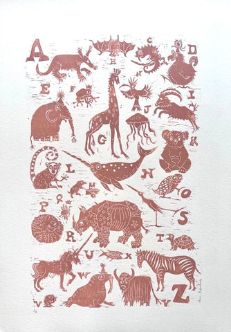 Ann Edwards 'Animal Alphabet A-Z - Terracotta' linocut ed of 75 60x43cm unframed