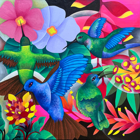 Abedheera 'Hummingbirds' acrylic on canvas 90x90cm