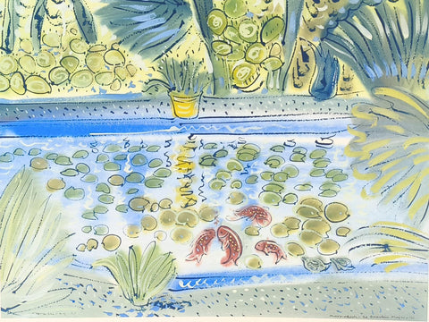 Alan Halliday 'Jardin Majorelle, Carp and Lotus' watercolour and gouache 56x76cm