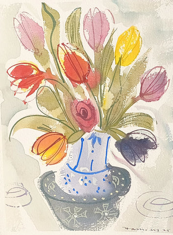 Alan Halliday 'Tulip Still Life' watercolour and gouache 38x28cm