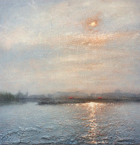 Alison Groom 'Bright Red Buses on Waterloo Bridge' oil and cold wax over acrylic on board 51x51cm