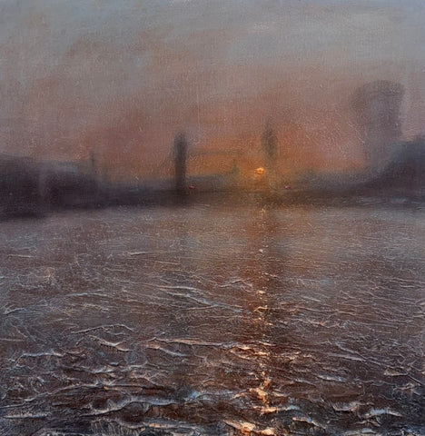 Alison Groom 'Last light at Tower Bridge' oil over textured acrylic medium on board 50x50cm