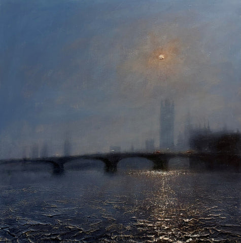 Alison Groom 'On Westminster Bridge' oil over textured acrylic on canvas 76x76cm