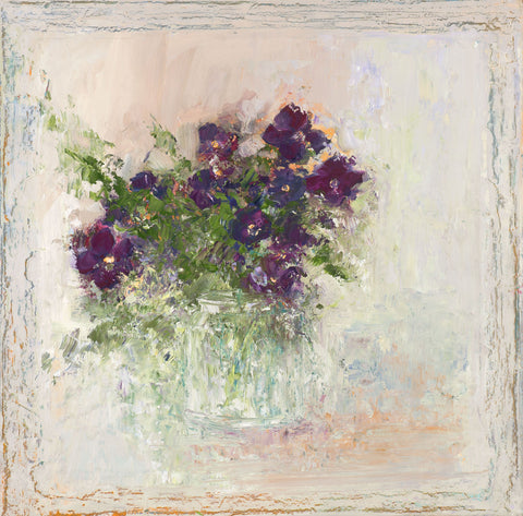 Amanda Hoskin 'A simple vase of pansies' oil on canvas 30x30cm