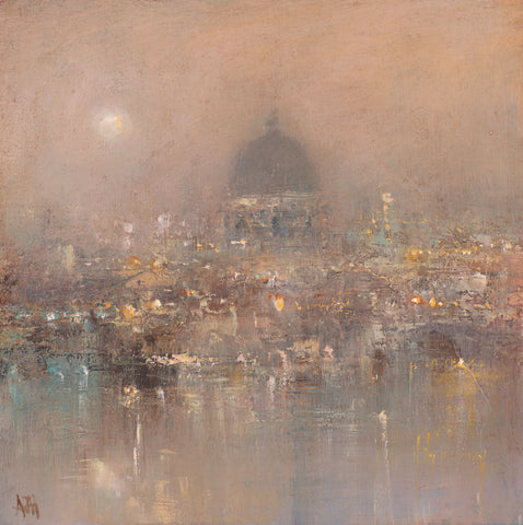 Amanda Hoskin 'Evening Lights over London' oil on board 20x20cm