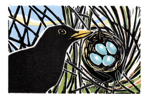 Anita Saunders 'Blackbird' linocut with screen ed of 11 18x13cm