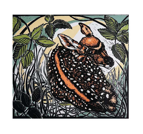 Anita Saunders 'Safe and Sound' linocut with screen ed of 15 33x30cm