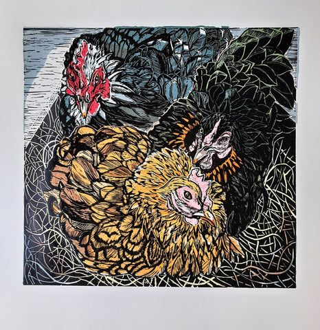 Anita Saunders 'The Foster Mums' linocut with screen ed of 8 32x31cm