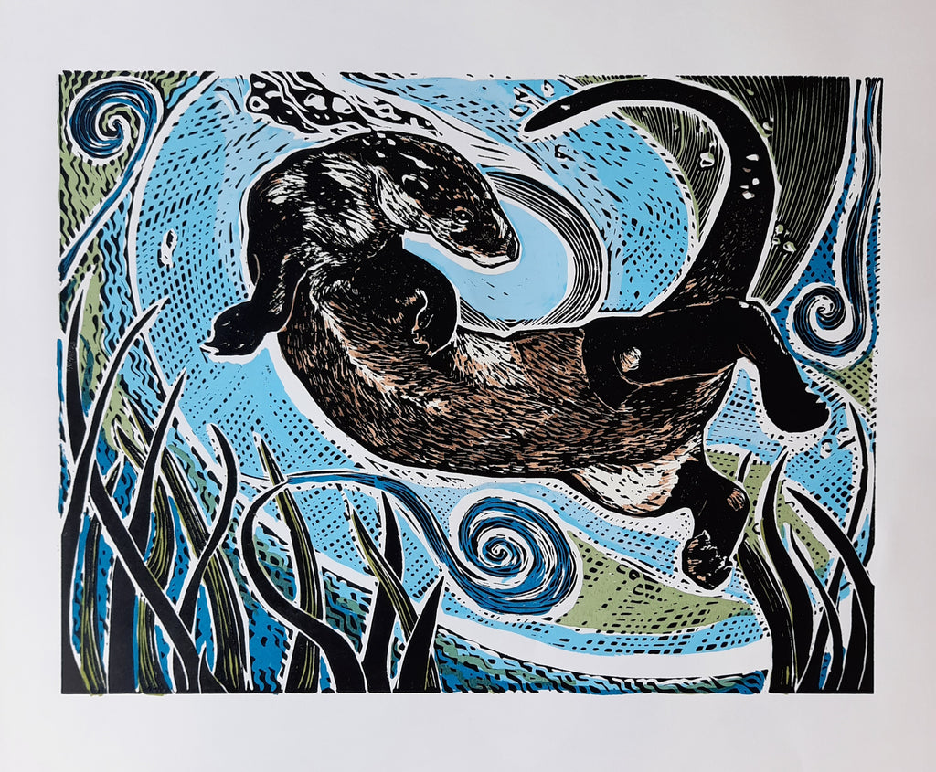 Anita Saunders 'Aquabatics' linocut with screen ed of 20 41x32.5cm
