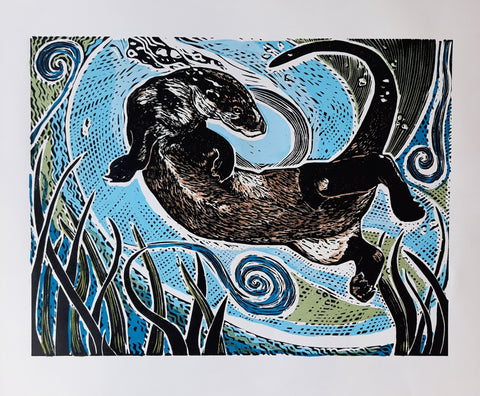 Anita Saunders 'Aquabatics' linocut with screen ed of 20 41x32.5cm