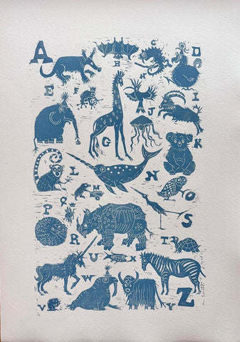 Ann Edwards 'Animal Alphabet A-Z - Powder Blue' linocut ed of 75 60x43cm unframed