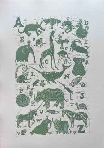 Ann Edwards 'Animal Alphabet A-Z - Sage Green' linocut ed of 75 60x43cm unframed