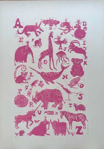 Ann Edwards 'Animal Alphabet A-Z - Soft Pink' linocut ed of 75 60x43cm unframed